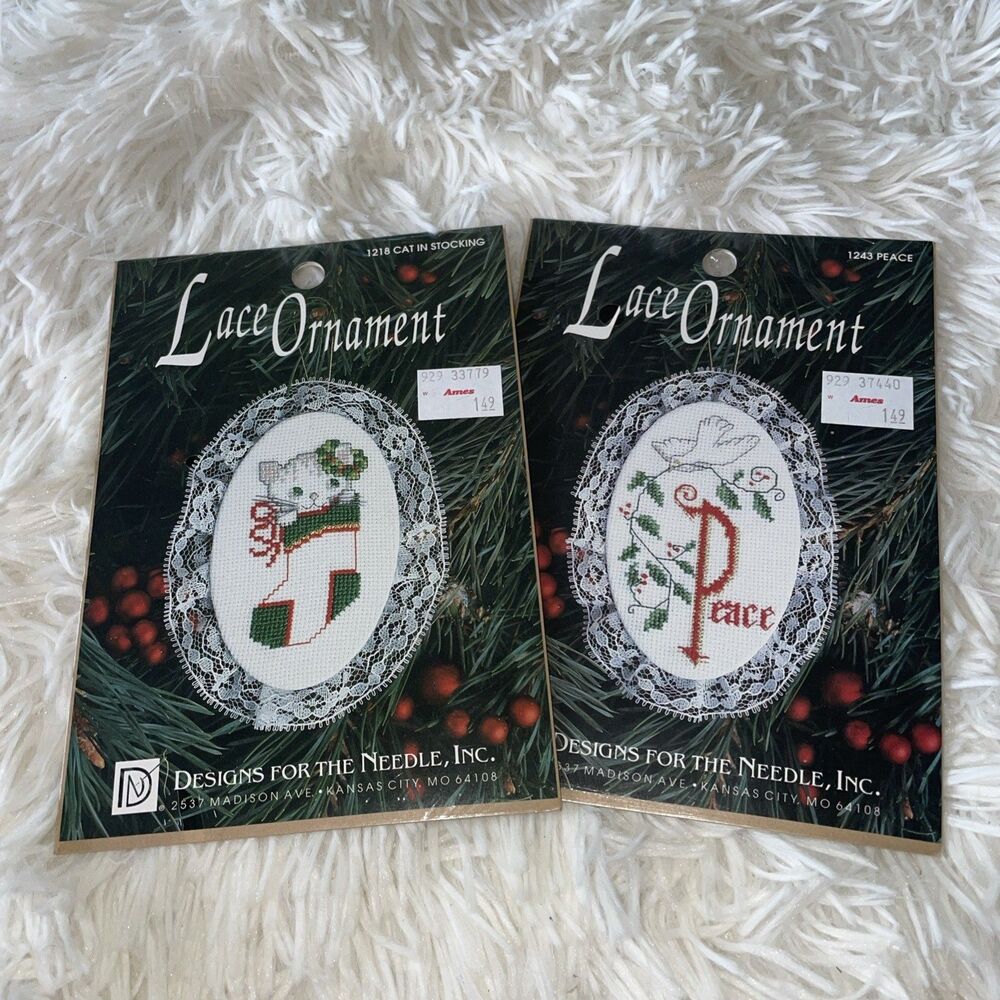 2Designs for the Needle Lace Ornament #1218 & #1243 Peace And Cat Cross Stitches